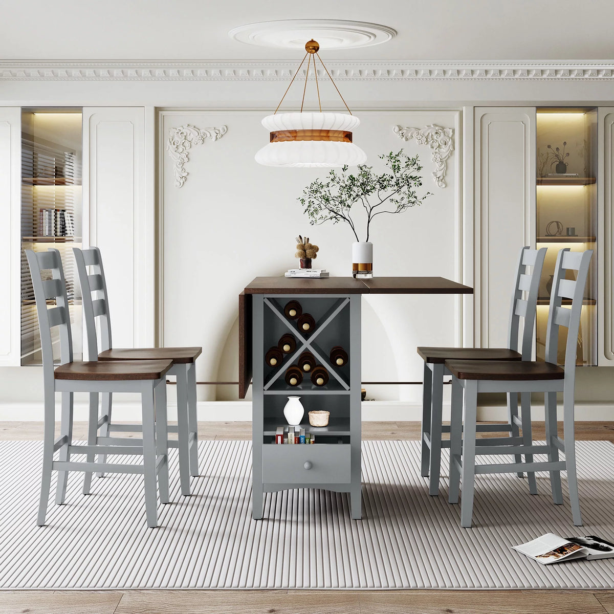 Wood 5-Piece Counter Height Dining Table Set with Rack and Drawers G588