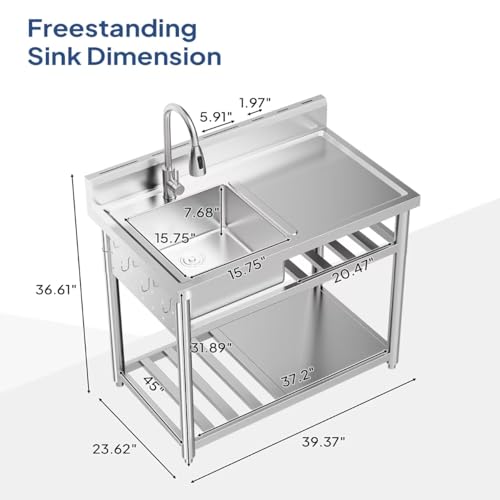 Stainless Steel Freestanding Utility Sink with Workbench Drawer Double Shelves Y4471