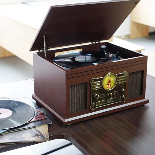 Mahogany Bluetooth Turntable with Speakers V7672