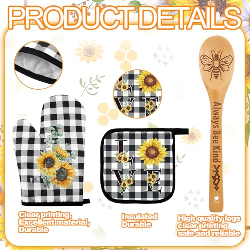 13 Pcs Bee Sunflower Kitchen Decor Set with Wooden Spoons, Kitchen Towels, Apron, Oven Mitts, Pot Holders L9778