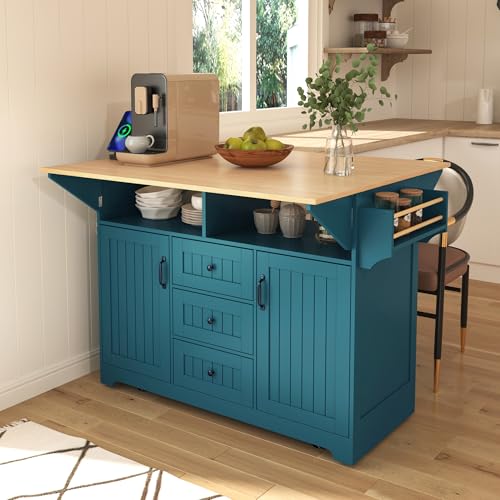 55.7'' Rolling Kitchen Island with 2 Drop Leaves and 3 Drawers M573209