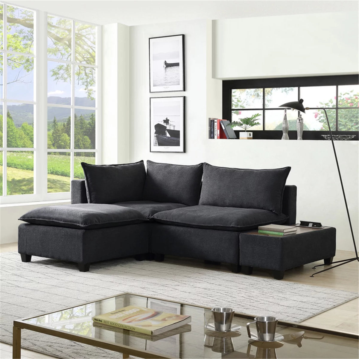 Dark Gray Fabric Sectional Loveseat Ottoman M338756