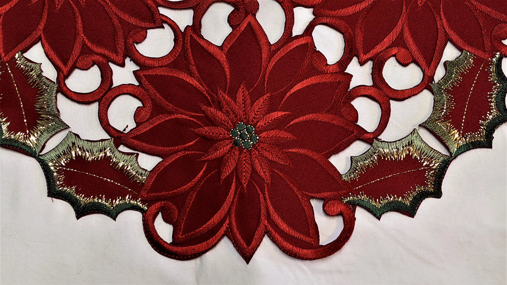 Christmas Table Runner with Red Cutwork Poinsettias, 34 x 15 inches A44734