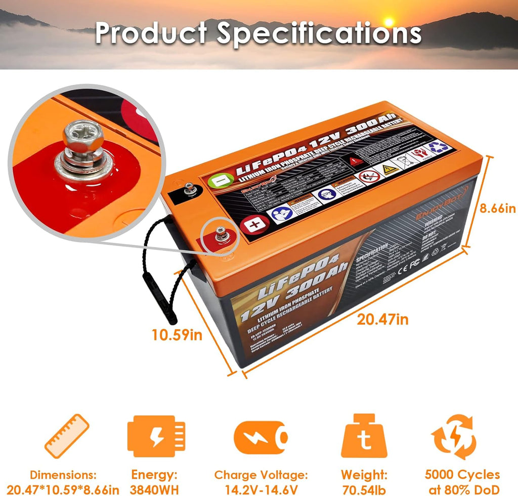 LiFePO4 12V 300Ah Lithium Iron Phosphate Battery with 200A BMS D8559