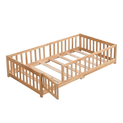 Gray Solid Wood Twin Size Floor Bed with Rails and Slats E396157