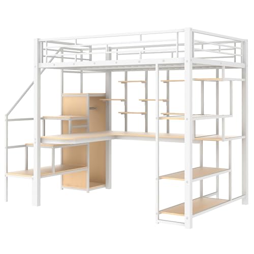 Black Full Size Metal Loft Bed with Storage Staircase and Wardrobe H329079