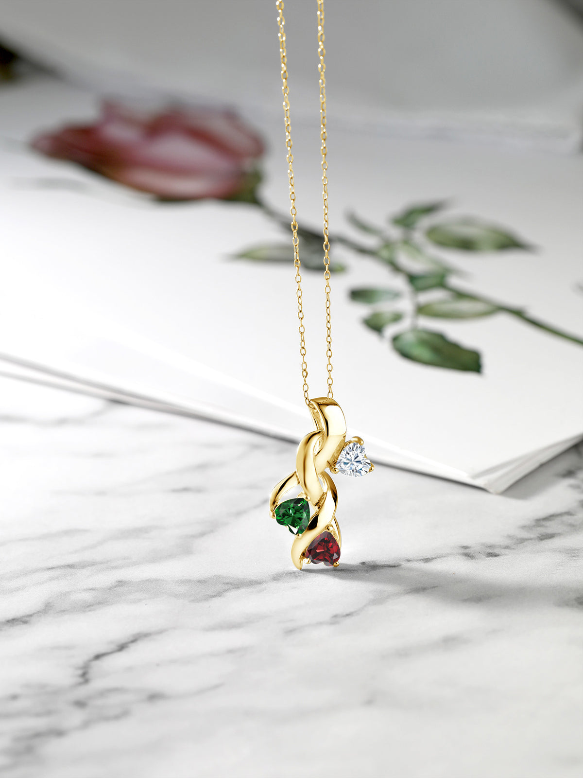 18K Yellow Gold Plated Silver White Moissanite Green Nano Emerald Red Garnet Heart Shape Pendant H84929