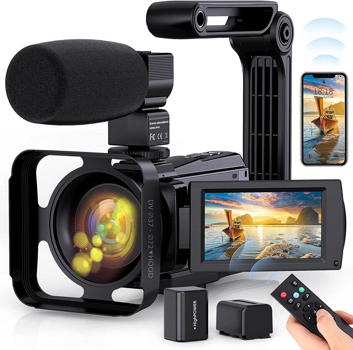 4K Camcorder Video Camera with 16X Digital Zoom, Microphone, Stabilizer, 2 Batteries (Black) Q232