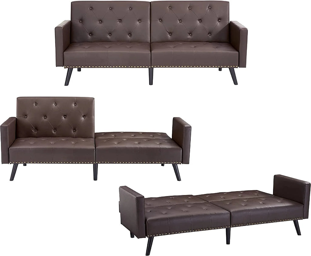 Espresso Faux Leather Tufted Convertible Sofa Bed V1335