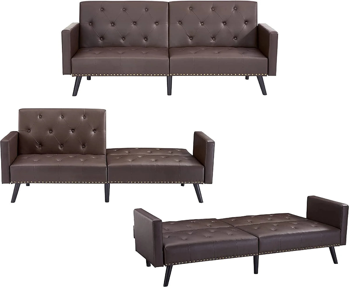 Espresso Faux Leather Tufted Convertible Sofa Bed V1335