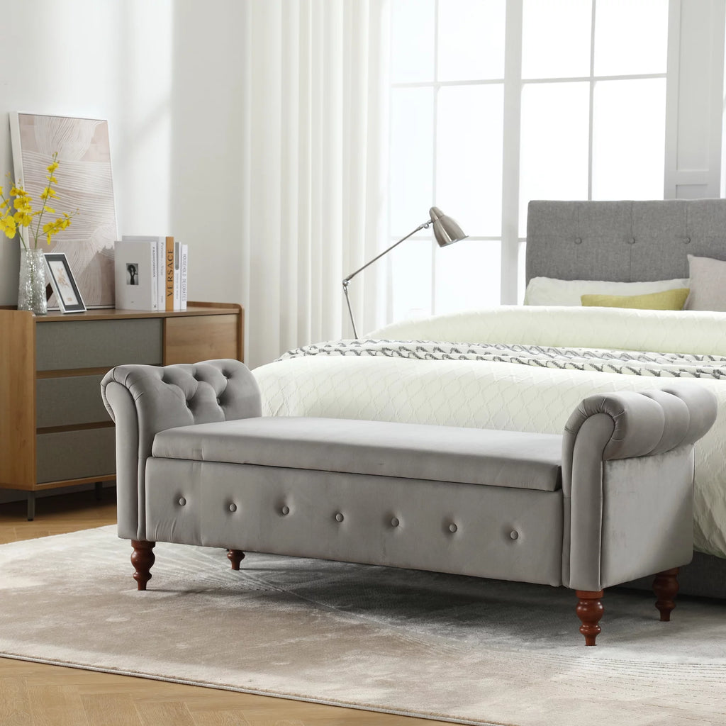 Gray Velvet Upholstered Storage Bench with Arms Y419