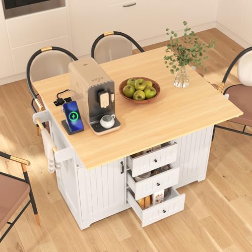 55.7'' Rolling Kitchen Island with 2 Drop Leaves and 3 Drawers M573209