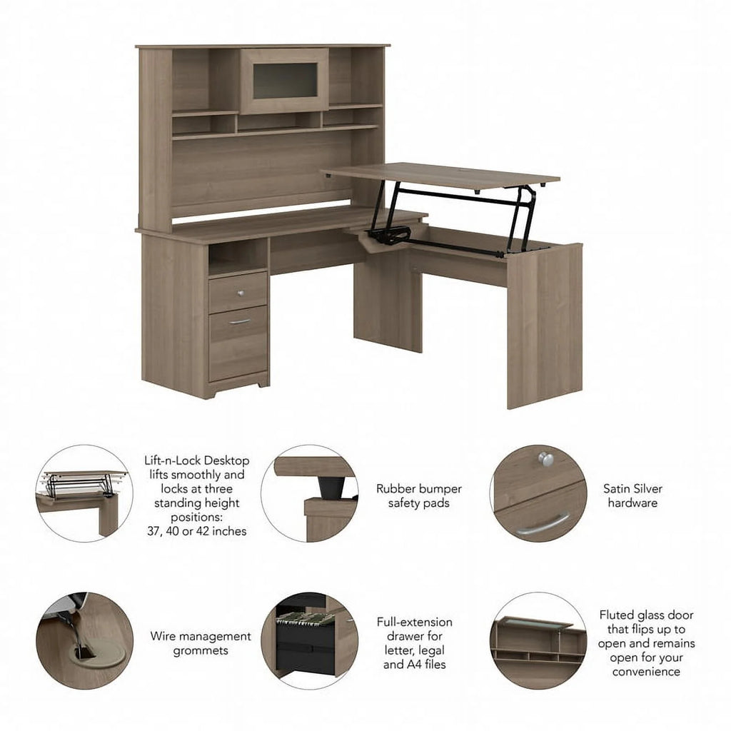 Ash Gray Engineered Wood Sit to Stand L Desk with Hutch H78525