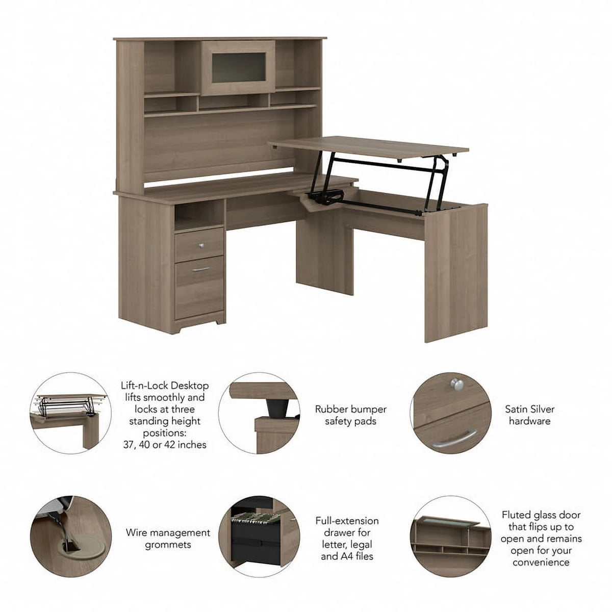 Ash Gray Engineered Wood Sit to Stand L Desk with Hutch H78525