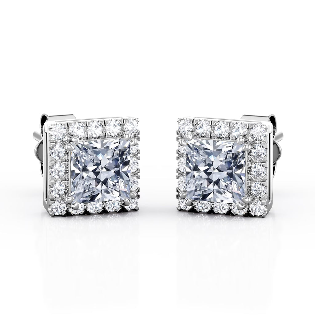 Double Prong 0.43 Carat Princess Cut Diamond Halo Stud Earrings in 10K White Gold O8459