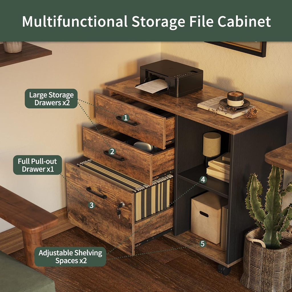 Triple Motor L-Shaped Electric Standing Desk with 3 Drawers, 63 x 24 Inches Rustic Brown Top/Black Frame X123
