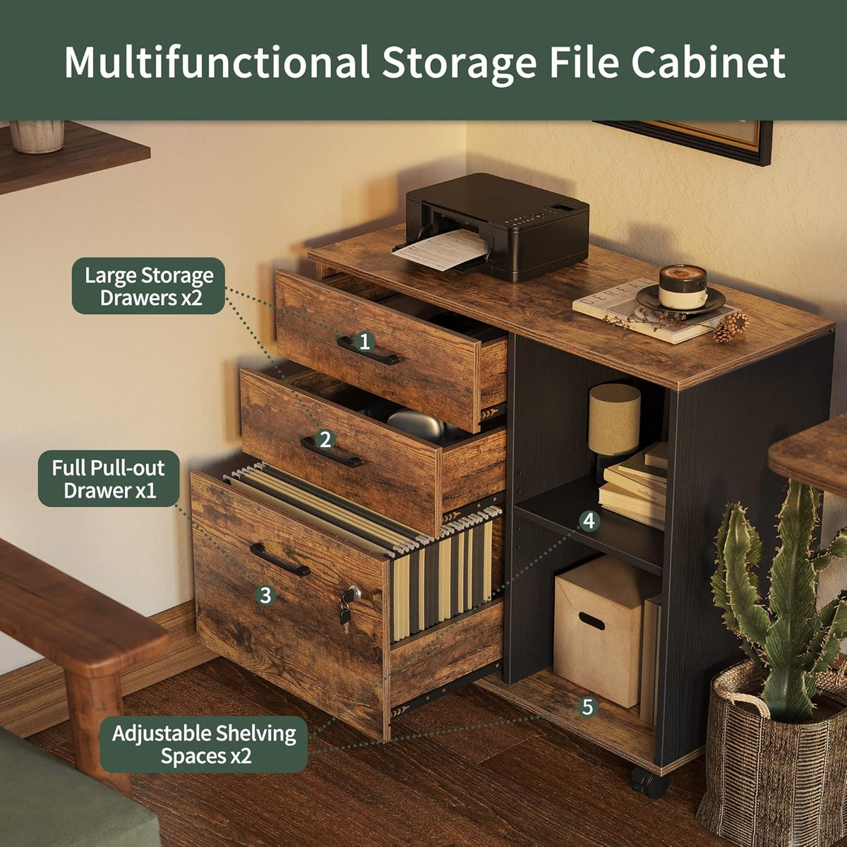 Triple Motor L-Shaped Electric Standing Desk with 3 Drawers, 63 x 24 Inches Rustic Brown Top/Black Frame X123