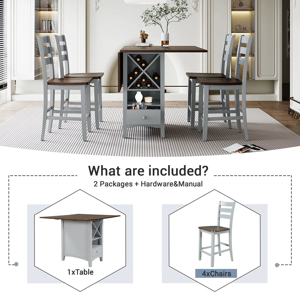 Wood 5-Piece Counter Height Dining Table Set with Rack and Drawers G588