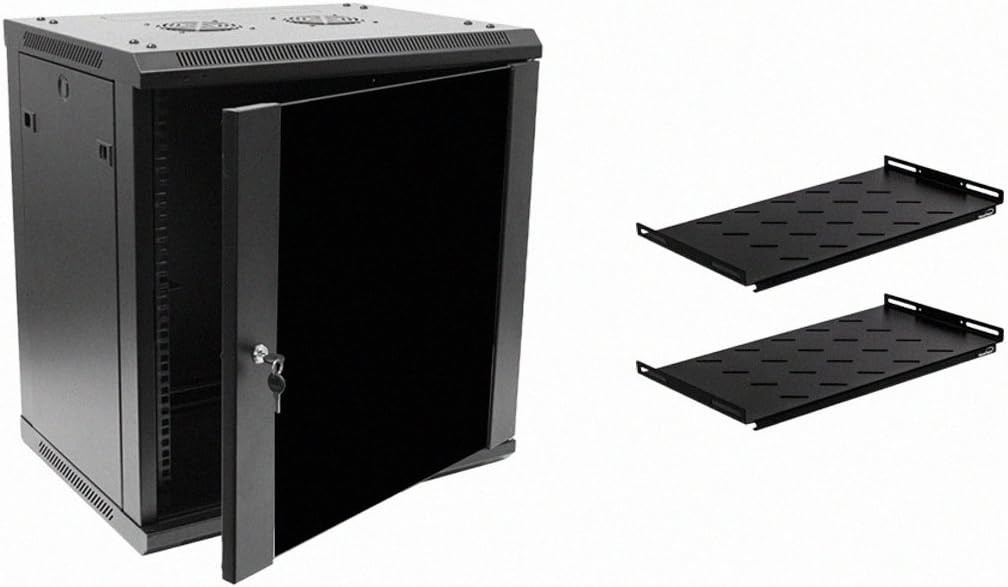 12U Wallmount Cabinet Enclosure 19-Inch Server Network Rack with Locking Glass Door Black with Shelves O3453