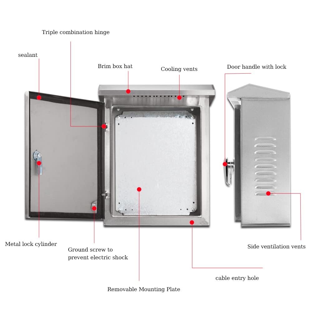 304 Stainless Steel Electrical Box 20'' x 16'' x 8'' IP65 Weatherproof Enclosure with Mounting Plate M405