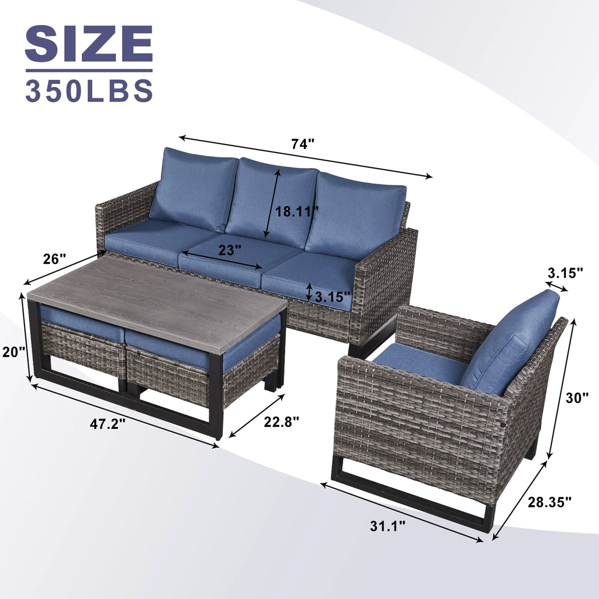 Blue Cushion Rattan Patio Furniture Set with Sofa, Chairs, Coffee Table and Ottomans R2093