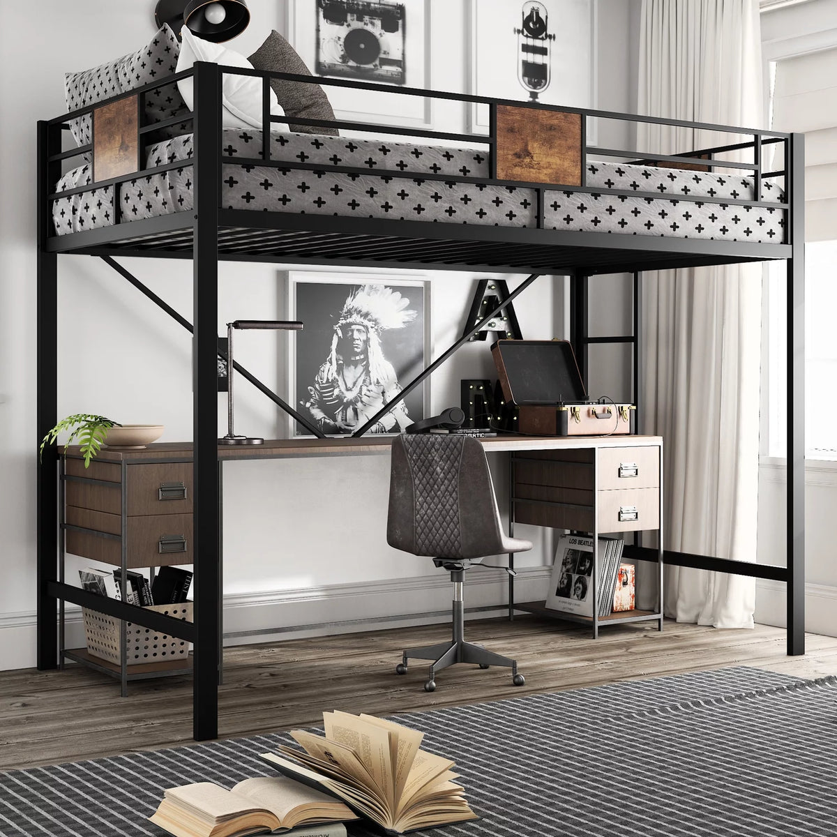 Metal Twin Size Loft Bed Frame with Stairs & Full-Length Guardrail D358708