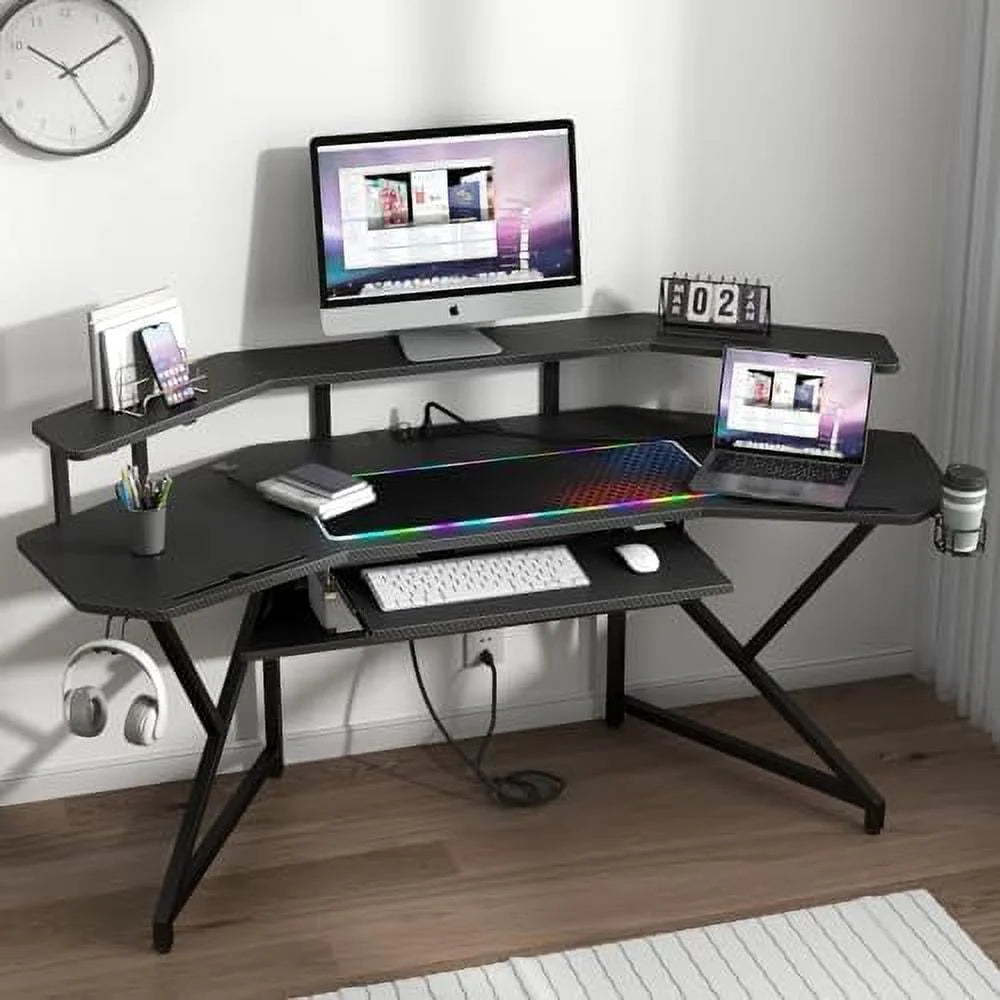 72" Gaming Desk with Power Outlet & Led Strip A352