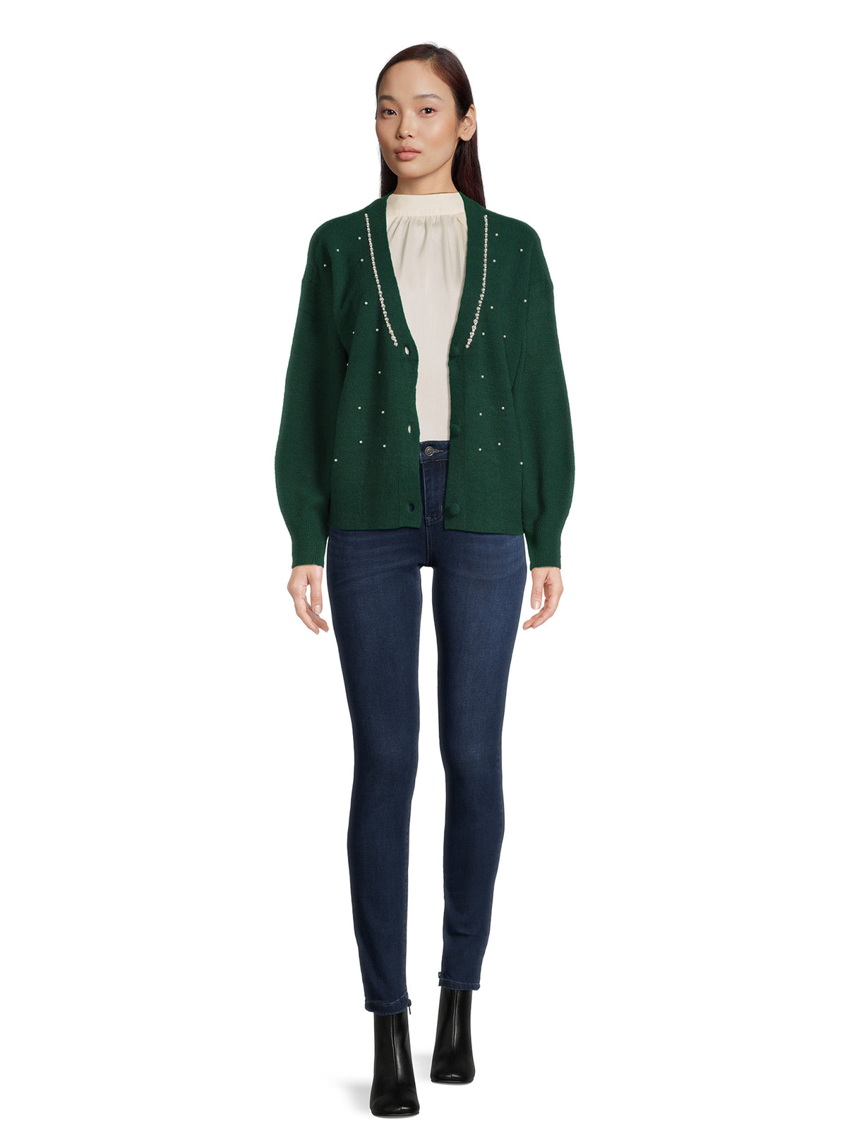 Women's V-Neck Embellished Button Front Cardigan with Long Sleeves W658