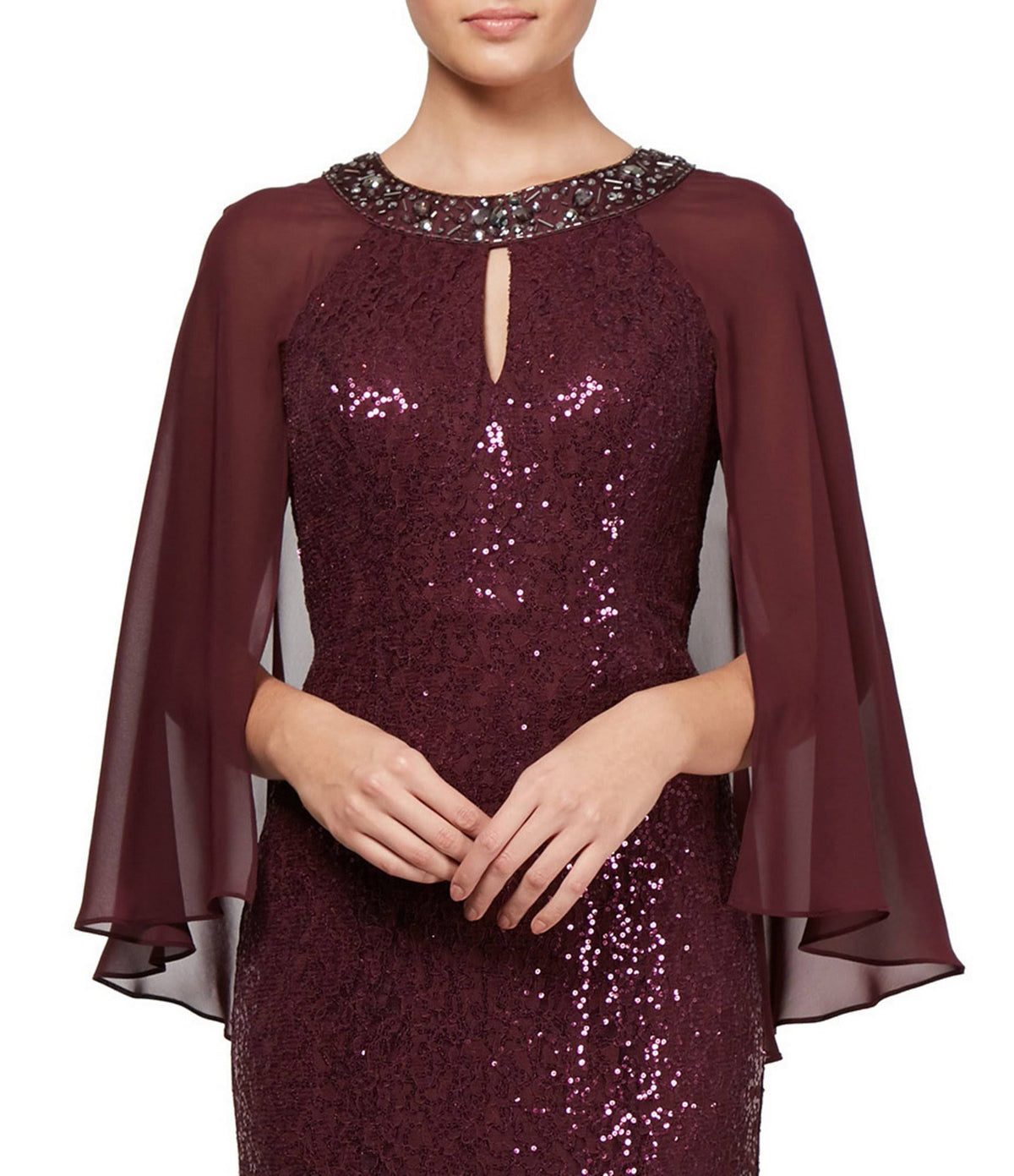 Sequin Lace Chiffon Capelet Gown I93685