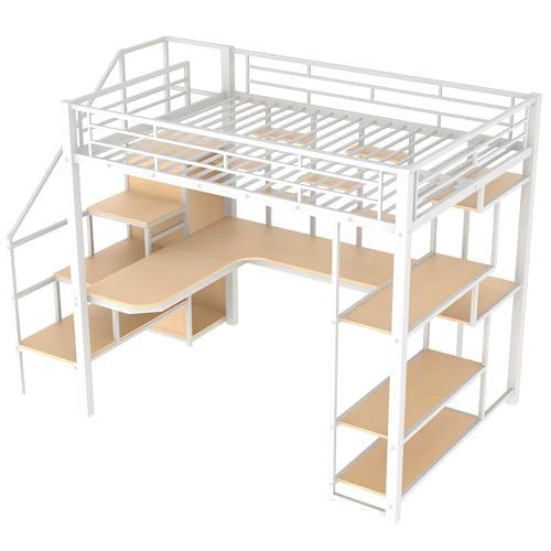 Black Full Size Metal Loft Bed with Storage Staircase and Wardrobe H329079