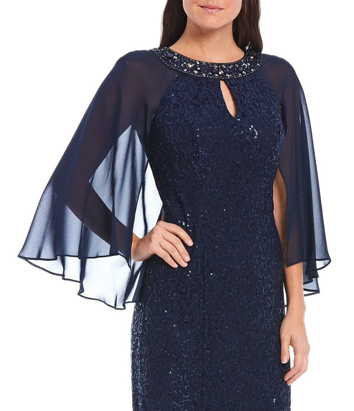 Sequin Lace Chiffon Capelet Gown I93685
