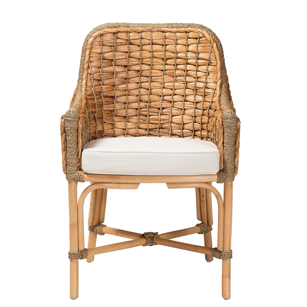 Natural Brown Woven Rattan Dining Arm Chair with Cushion U544633