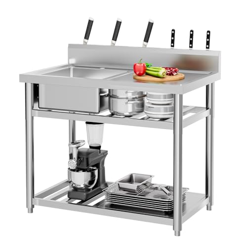 Stainless Steel Freestanding Utility Sink with Workbench Drawer Double Shelves Y4471