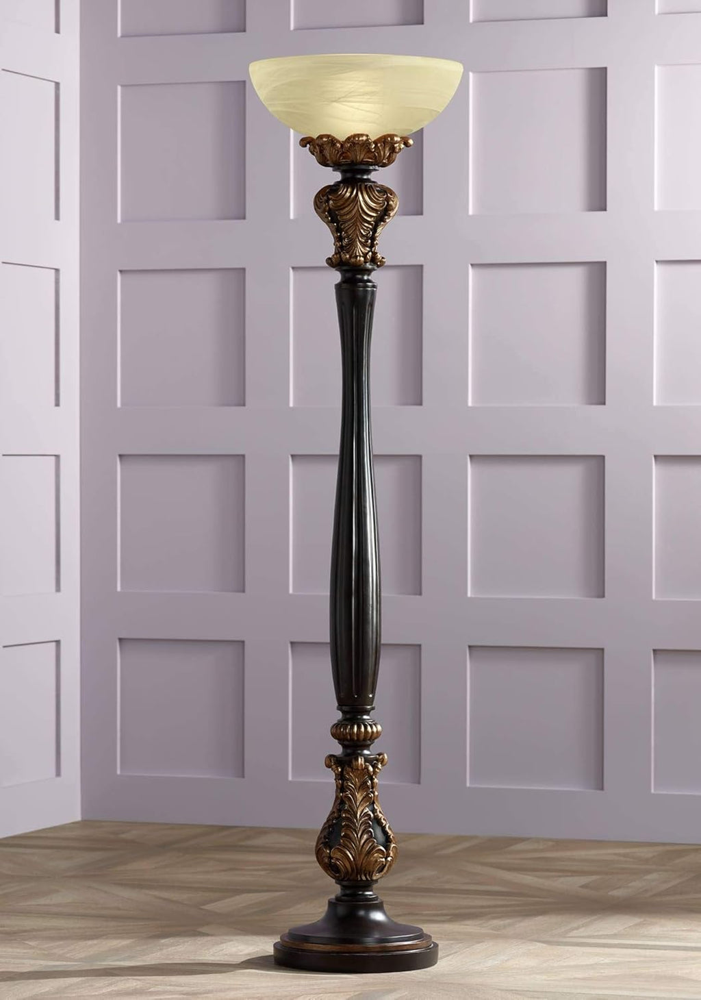 Tall Carved Wood Amber Glass Torchiere Floor Lamp V635