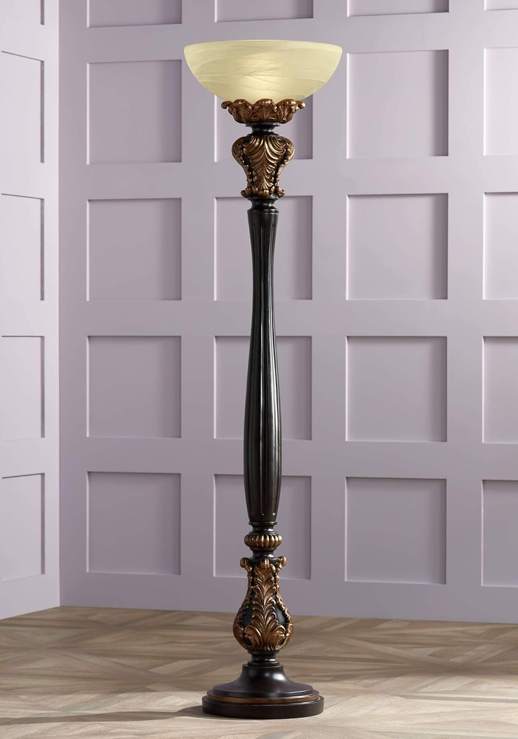 Tall Carved Wood Amber Glass Torchiere Floor Lamp V635