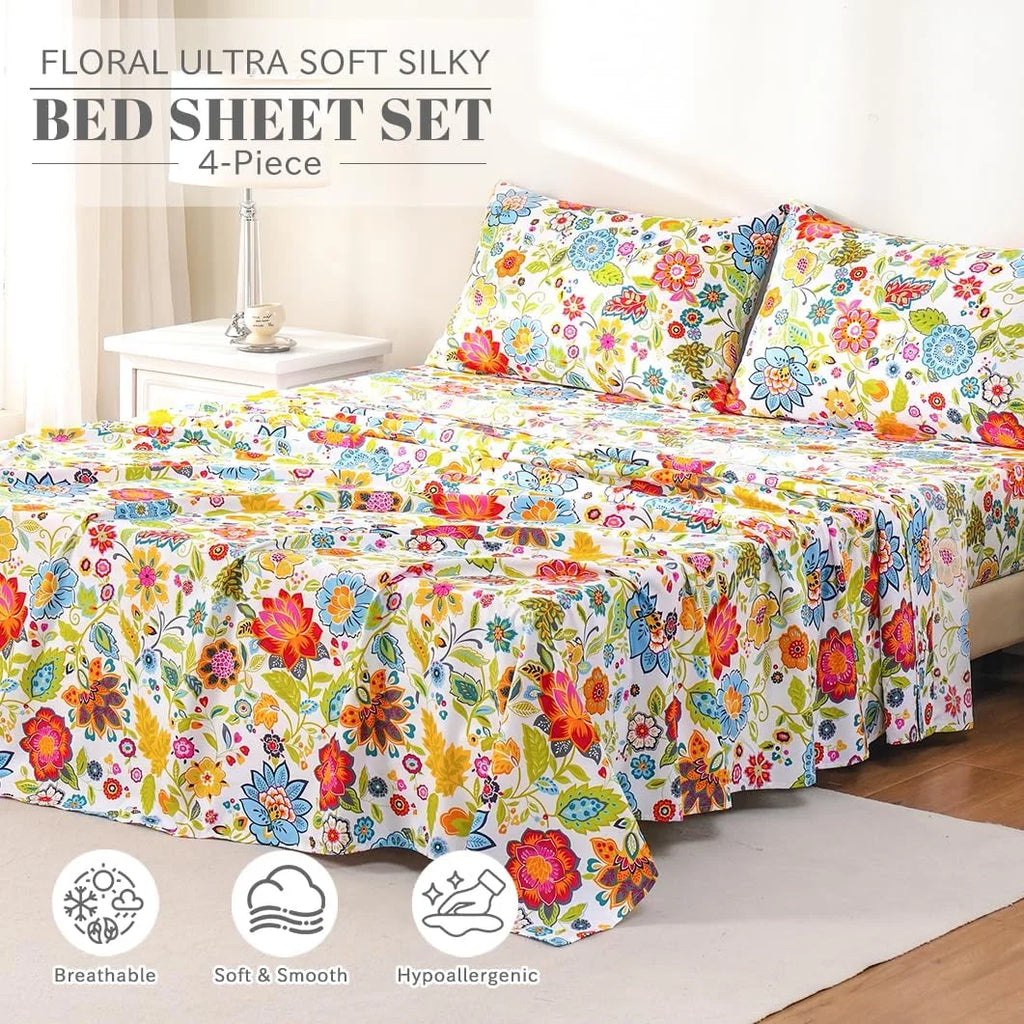 Queen Size 4 Piece Microfiber Floral Bed Sheets L277