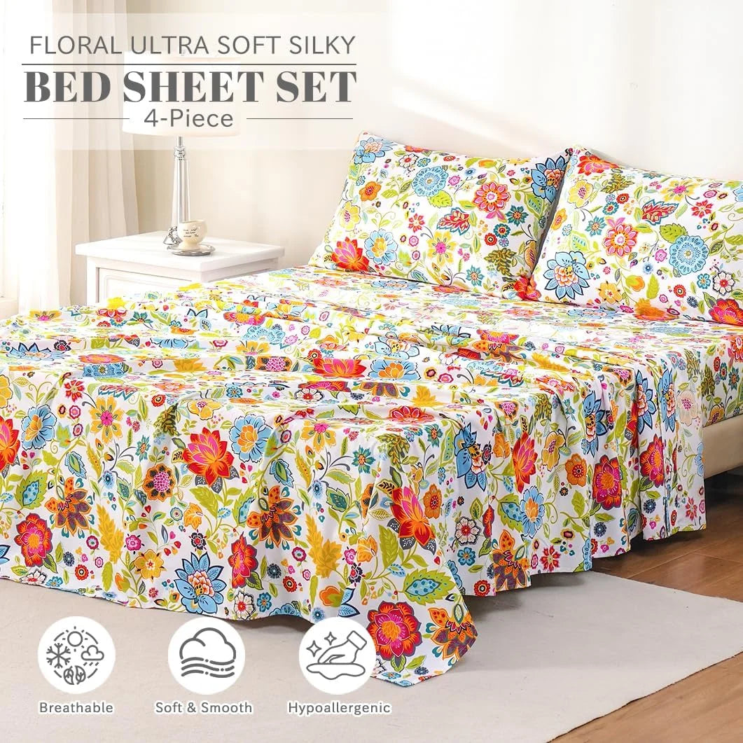 Queen Size 4 Piece Microfiber Floral Bed Sheets L277