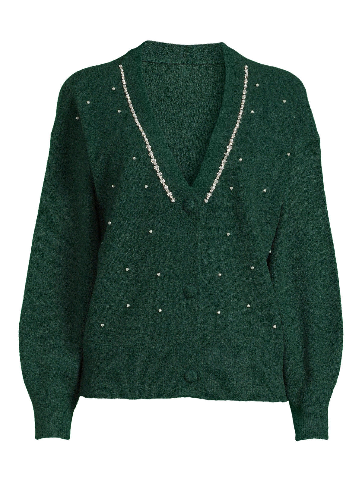 Women's V-Neck Embellished Button Front Cardigan with Long Sleeves W658