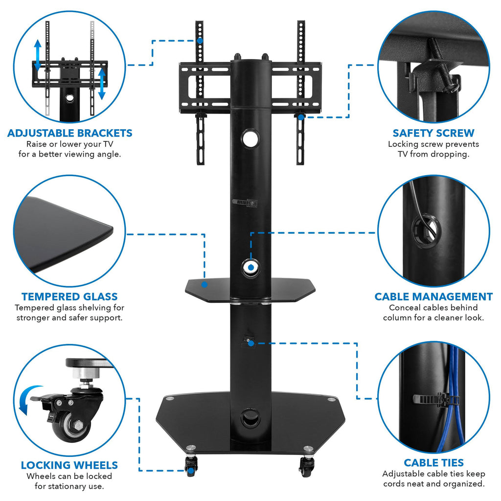 Mobile TV Stand Cart for Flat Screen TVs, Adjustable - Black F6920