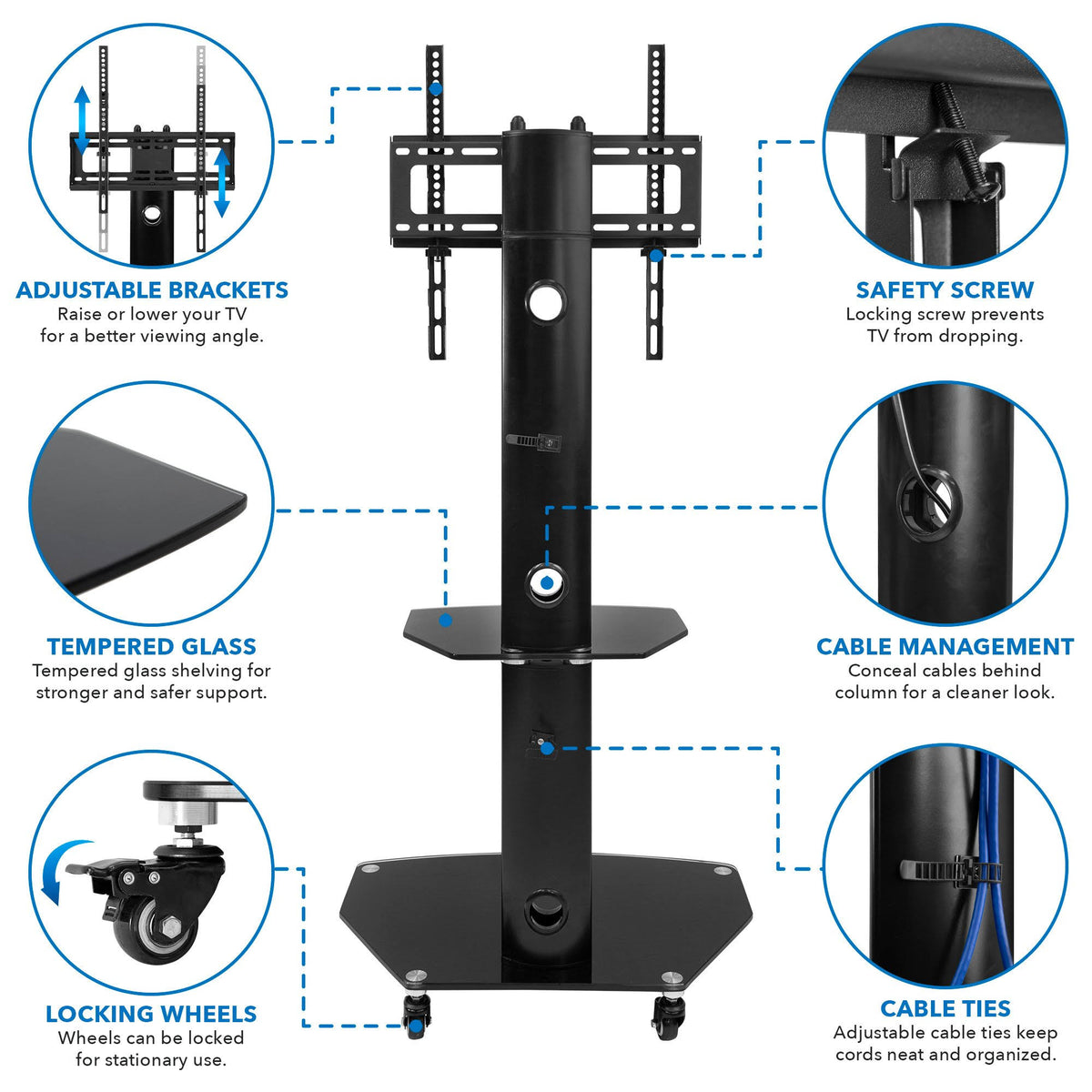 Mobile TV Stand Cart for Flat Screen TVs, Adjustable - Black F6920