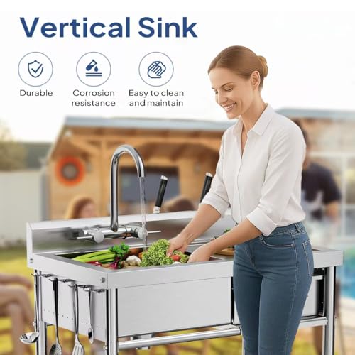 Stainless Steel Freestanding Utility Sink with Workbench Drawer Double Shelves Y4471