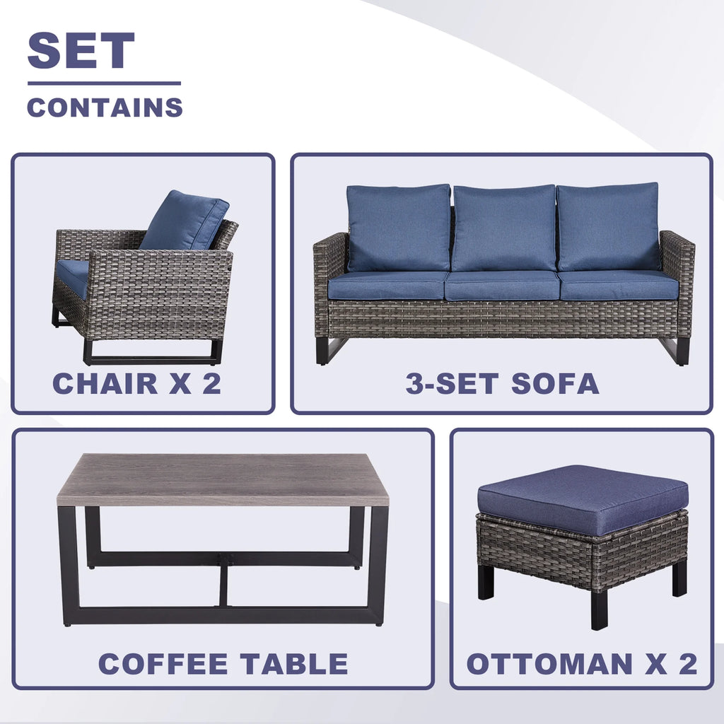 Blue Cushion Rattan Patio Furniture Set with Sofa, Chairs, Coffee Table and Ottomans R2093
