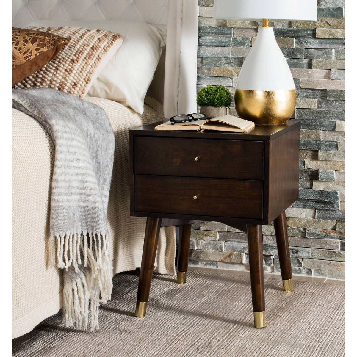 Walnut/Gold Cap Nightstand D902818