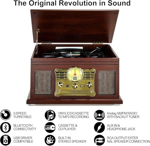 Mahogany Bluetooth Turntable with Speakers V7672