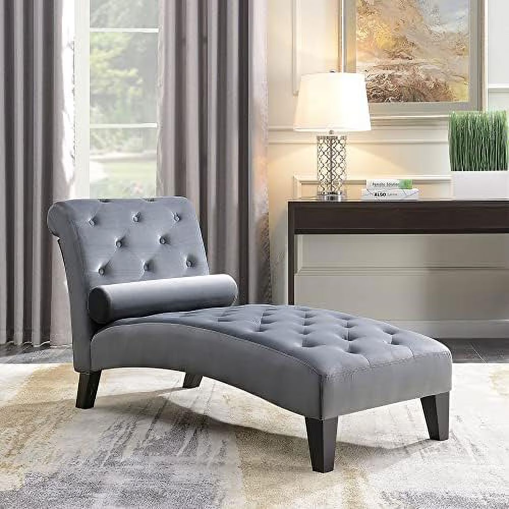 Beige Upholstered Chaise Lounge Sofa with Button Tufted Back and Hardwood Legs V8377