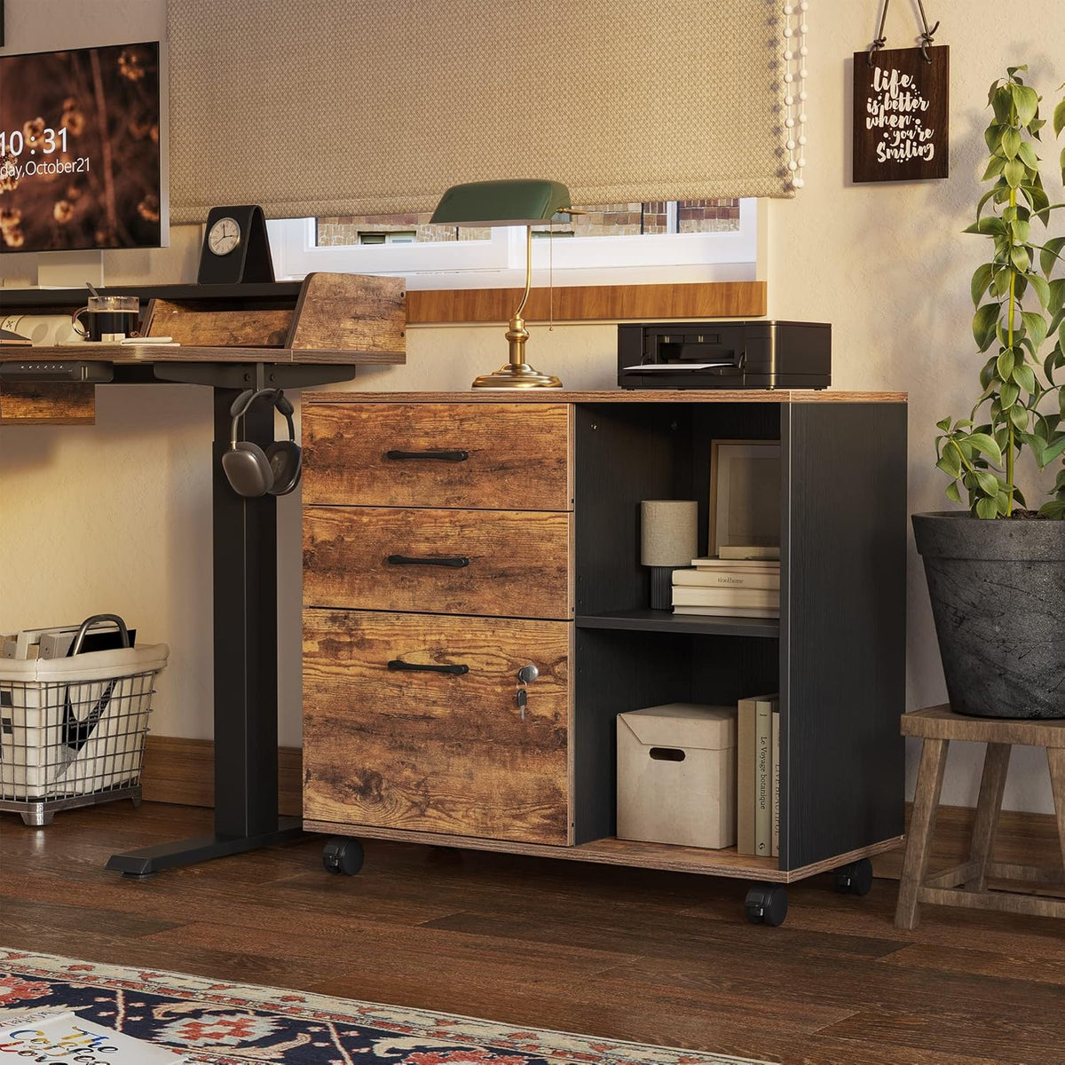 Triple Motor L-Shaped Electric Standing Desk with 3 Drawers, 63 x 24 Inches Rustic Brown Top/Black Frame X123