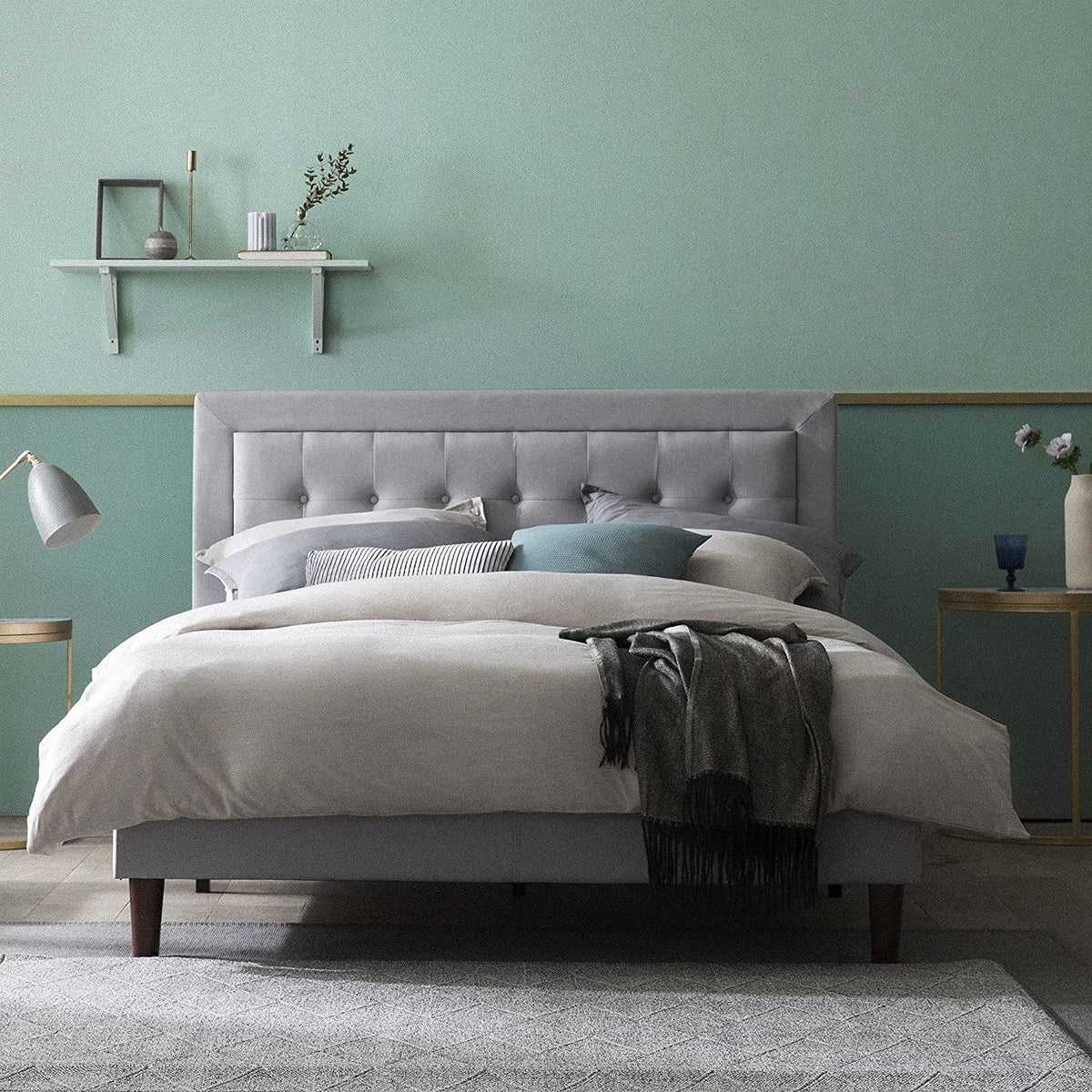 Queen Upholstered Platform Bed Frame with Wood Slat Support M80307