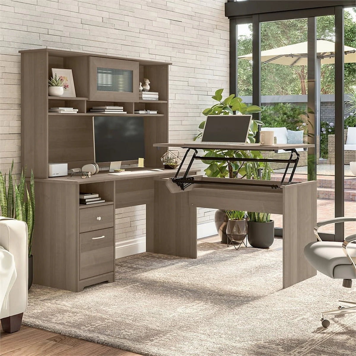 Ash Gray Engineered Wood Sit to Stand L Desk with Hutch H78525