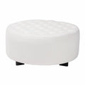 Ivory Boucle Upholstered Black Wood Round Ottoman M3062