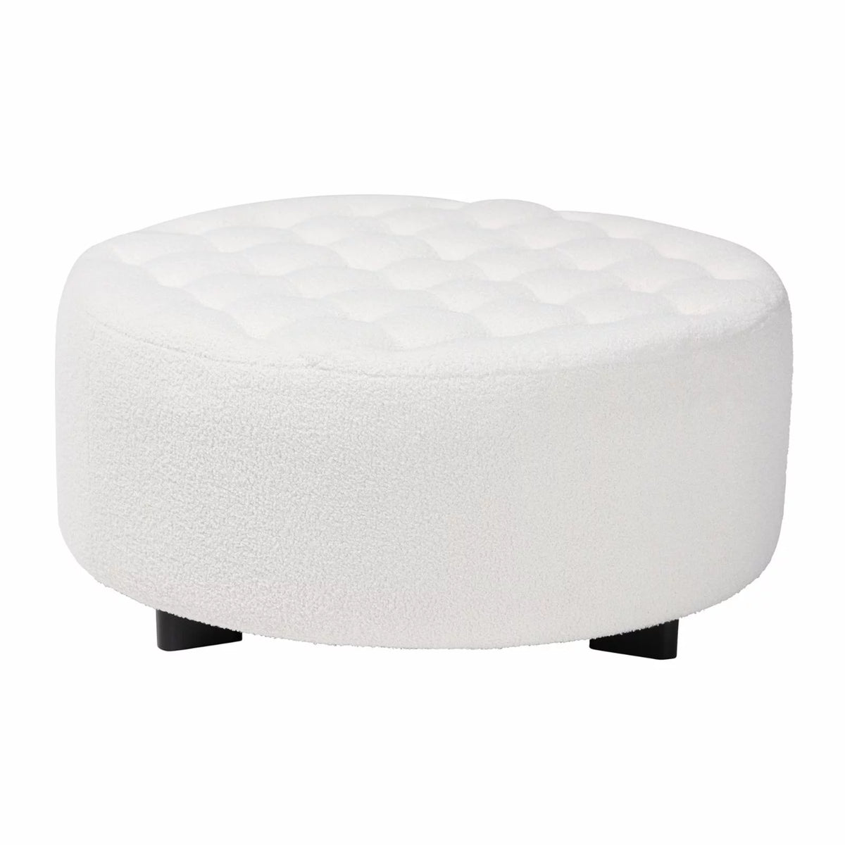 Ivory Boucle Upholstered Black Wood Round Ottoman M3062